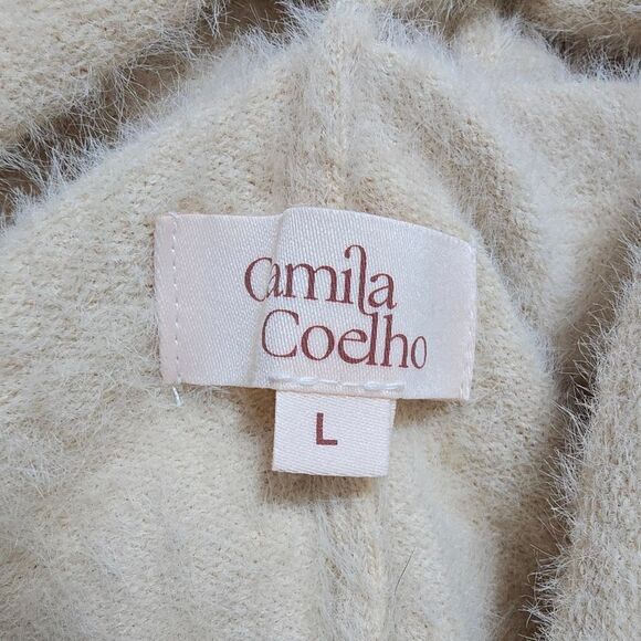 🆕️ Camila Coelho Yesenia Eyelash Puff Sleeve Open Back Mini Sweater Dress Nude - Picture 11 of 13